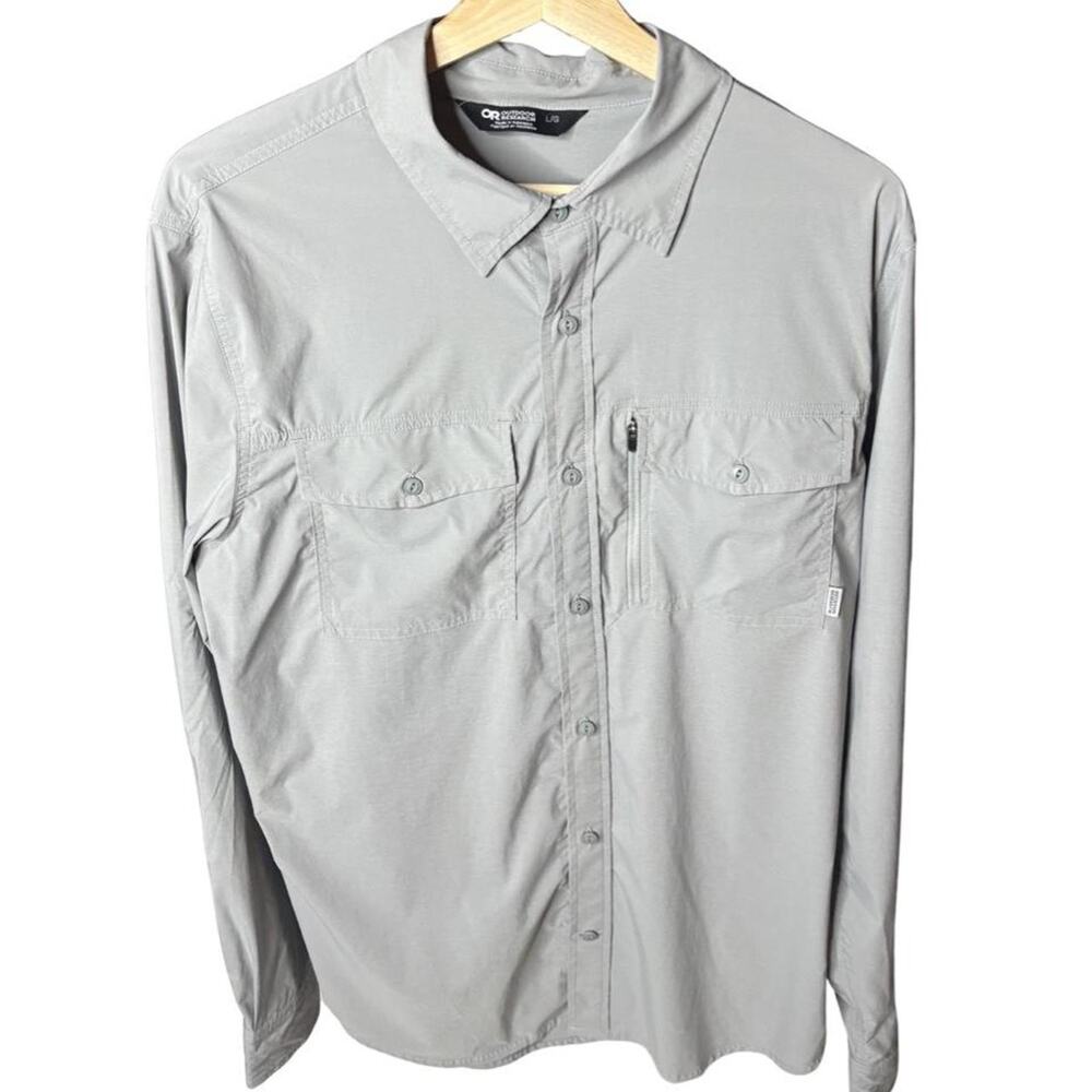 Outdoor Research Mens Large Long Sleeve Hiking Shirt Gray Nylon Stretch Button